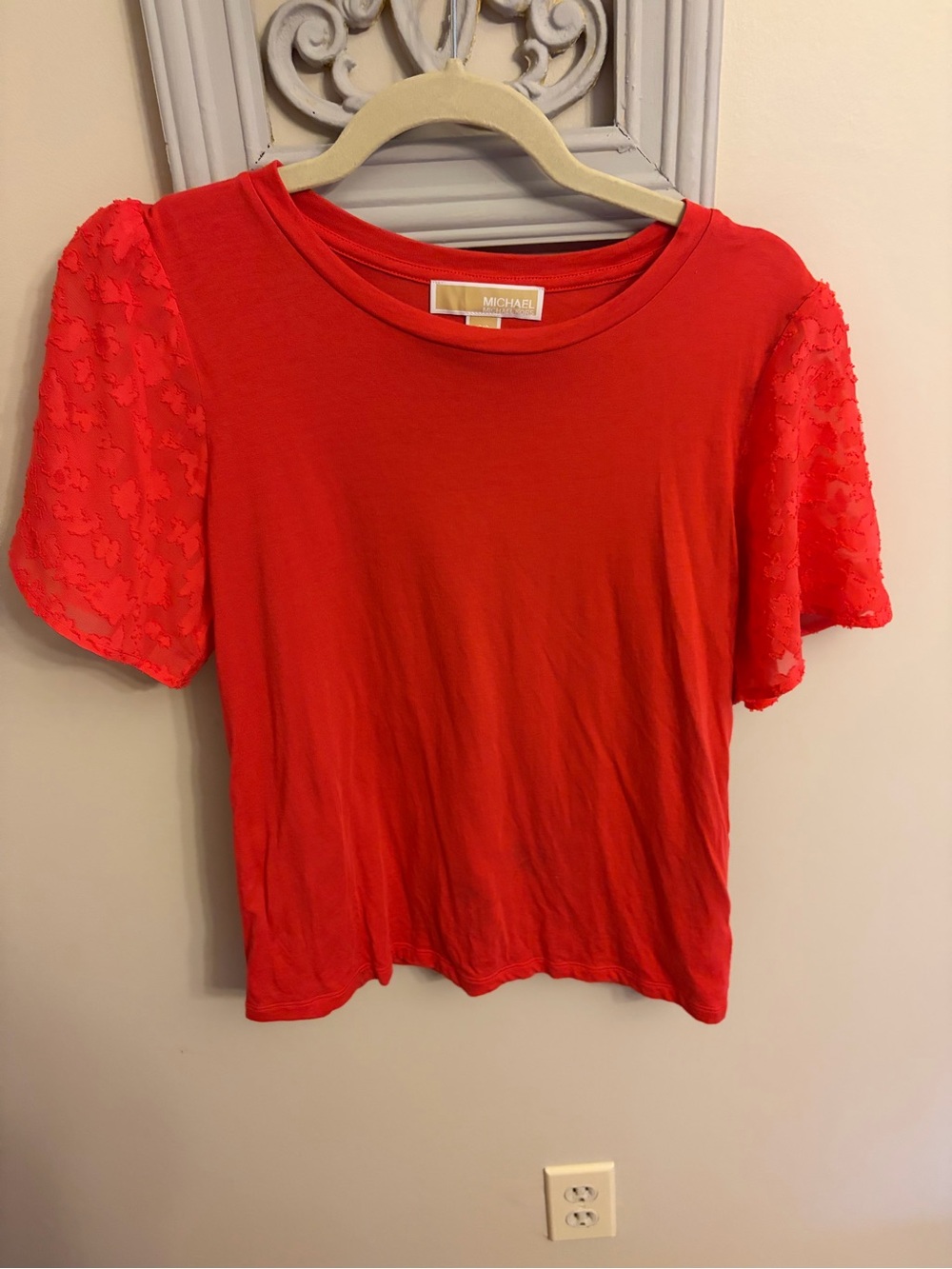 Michael Kors Bright Salmon Short Sleeve Lace-Trim Tee
